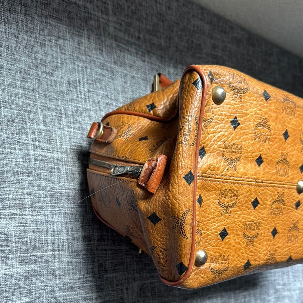 MCM Brown Hand Bag with Signature Logo and Gold Hardware